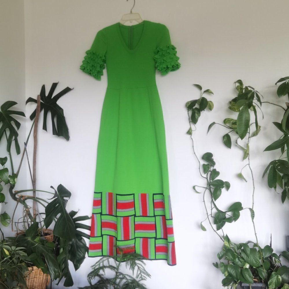 Rare Designer Vintage 70s Dress in Neon Lime Green Maxi Ruffle Puff Sleeves